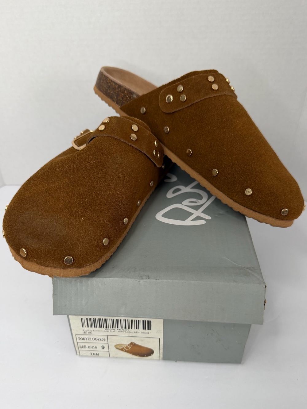 PepStep Fashion Suede Clogs Mules Size 9 Tan Studded Buckle NWT